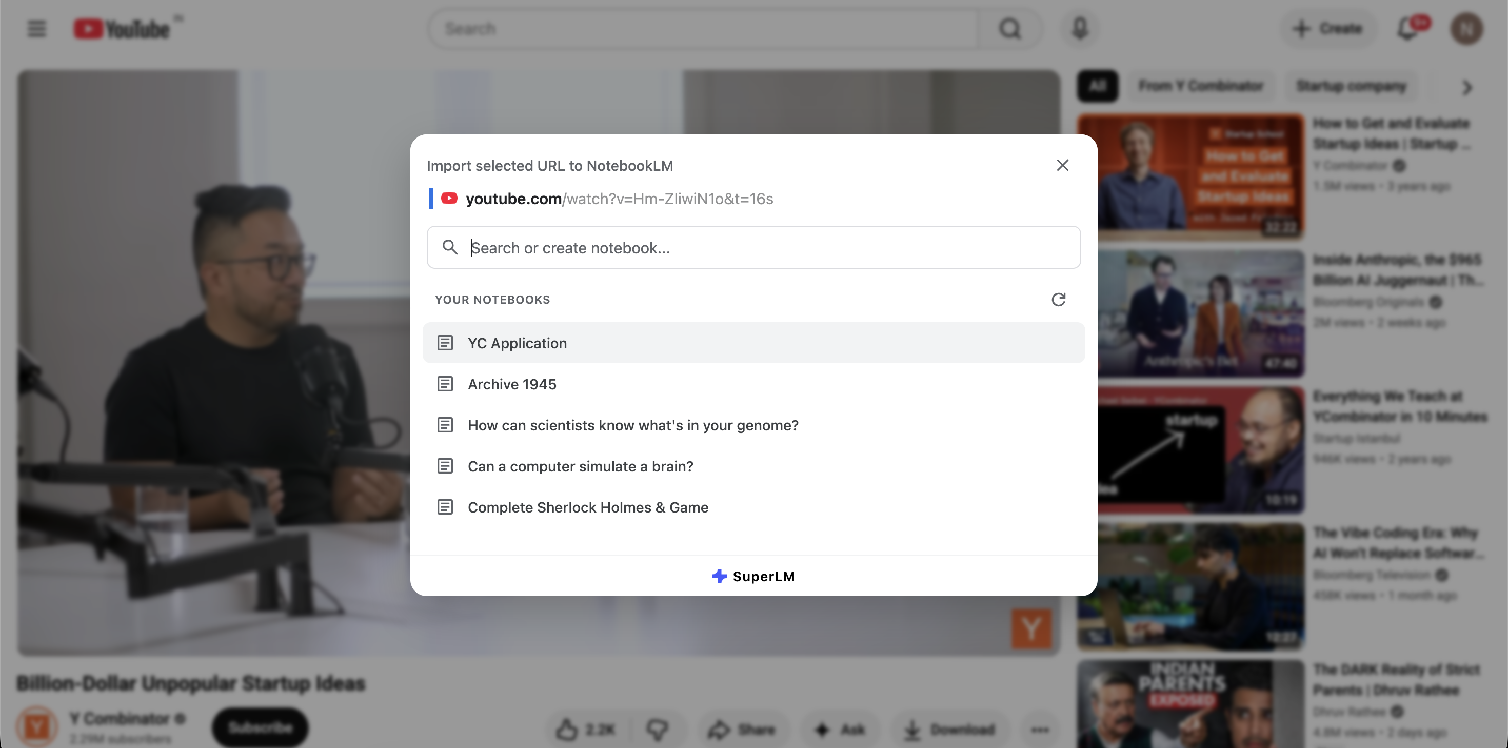 SuperLM Extension active on YouTube